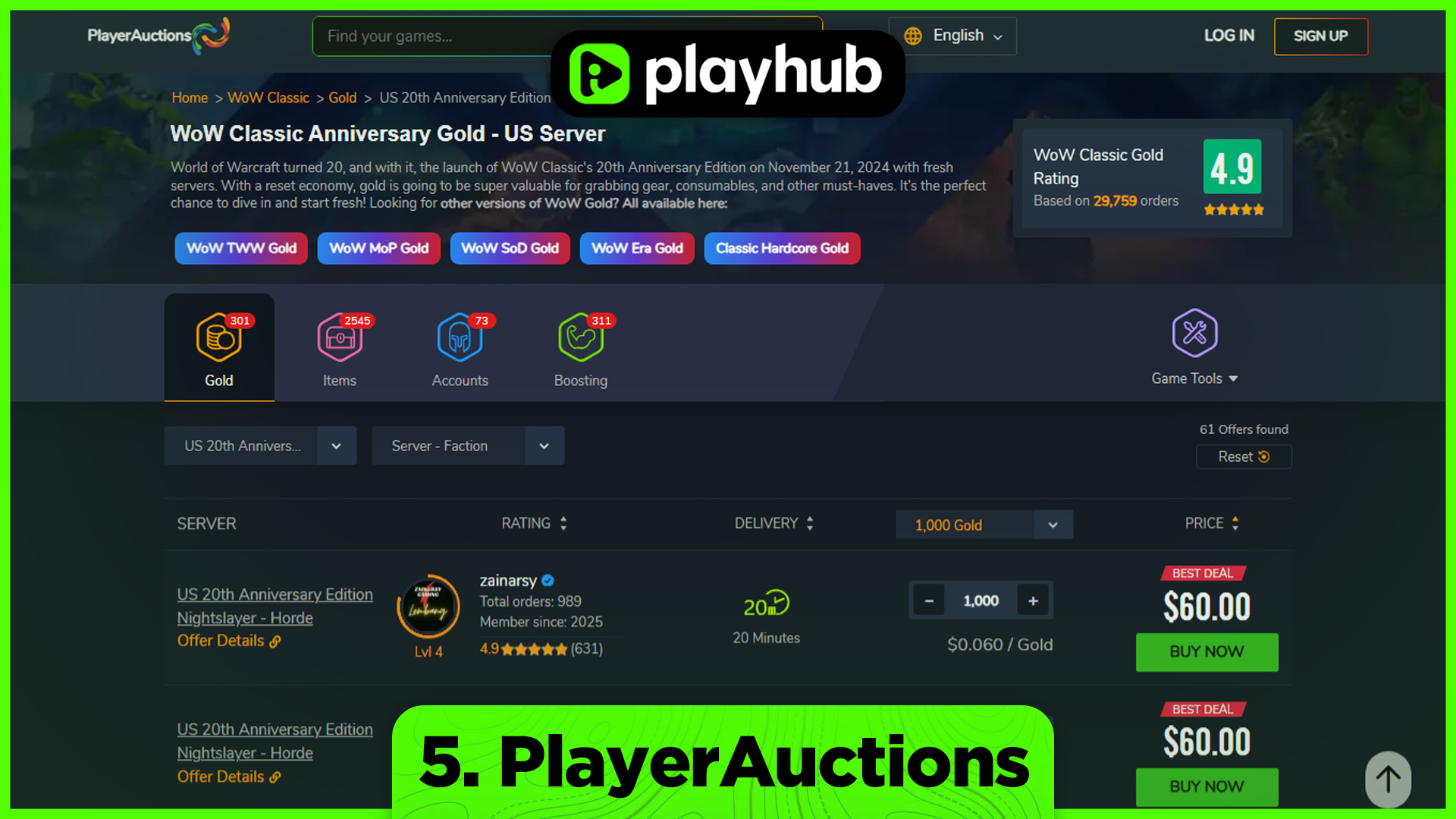 Best websites to buy WoW TBC Classic Anniversary Gold - PlayerAuctions