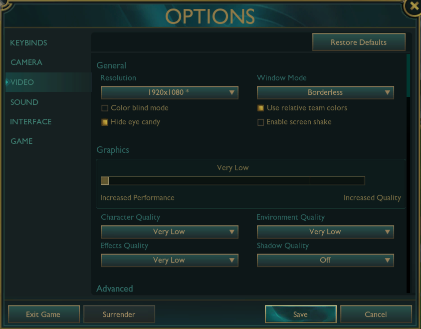League of Legends Video Settings Menu