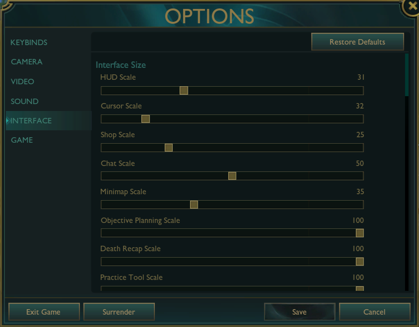 League of Legends Interface Settings Menu