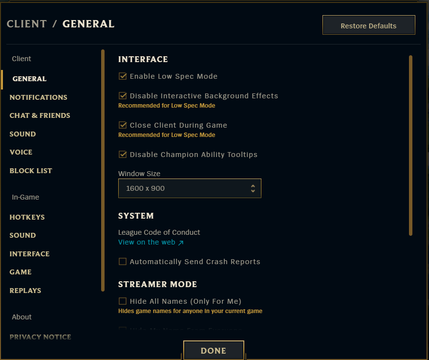 League of Legends Launcher Settings General Menu