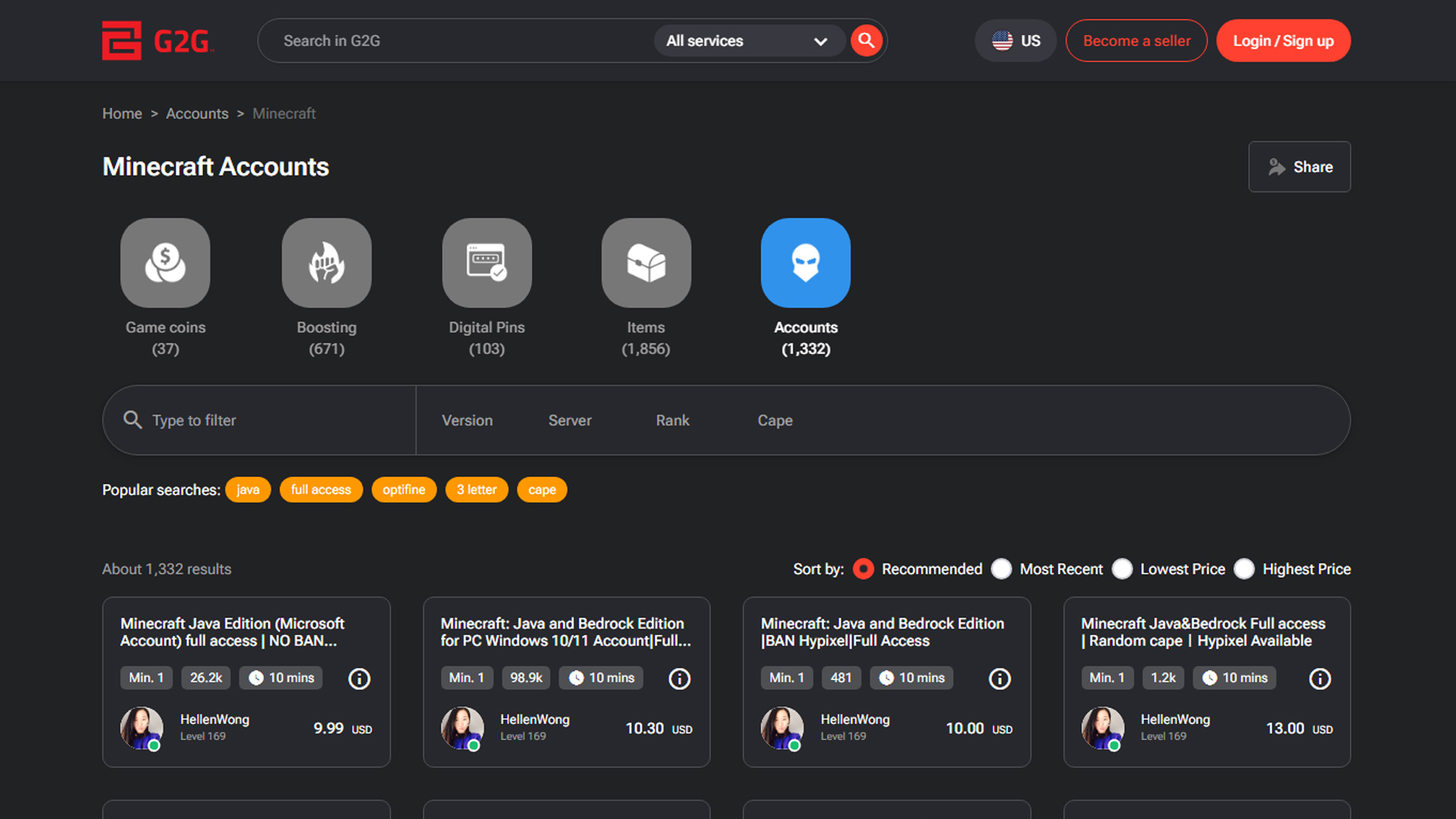 Best Websites to Buy Minecraft Accounts - G2G