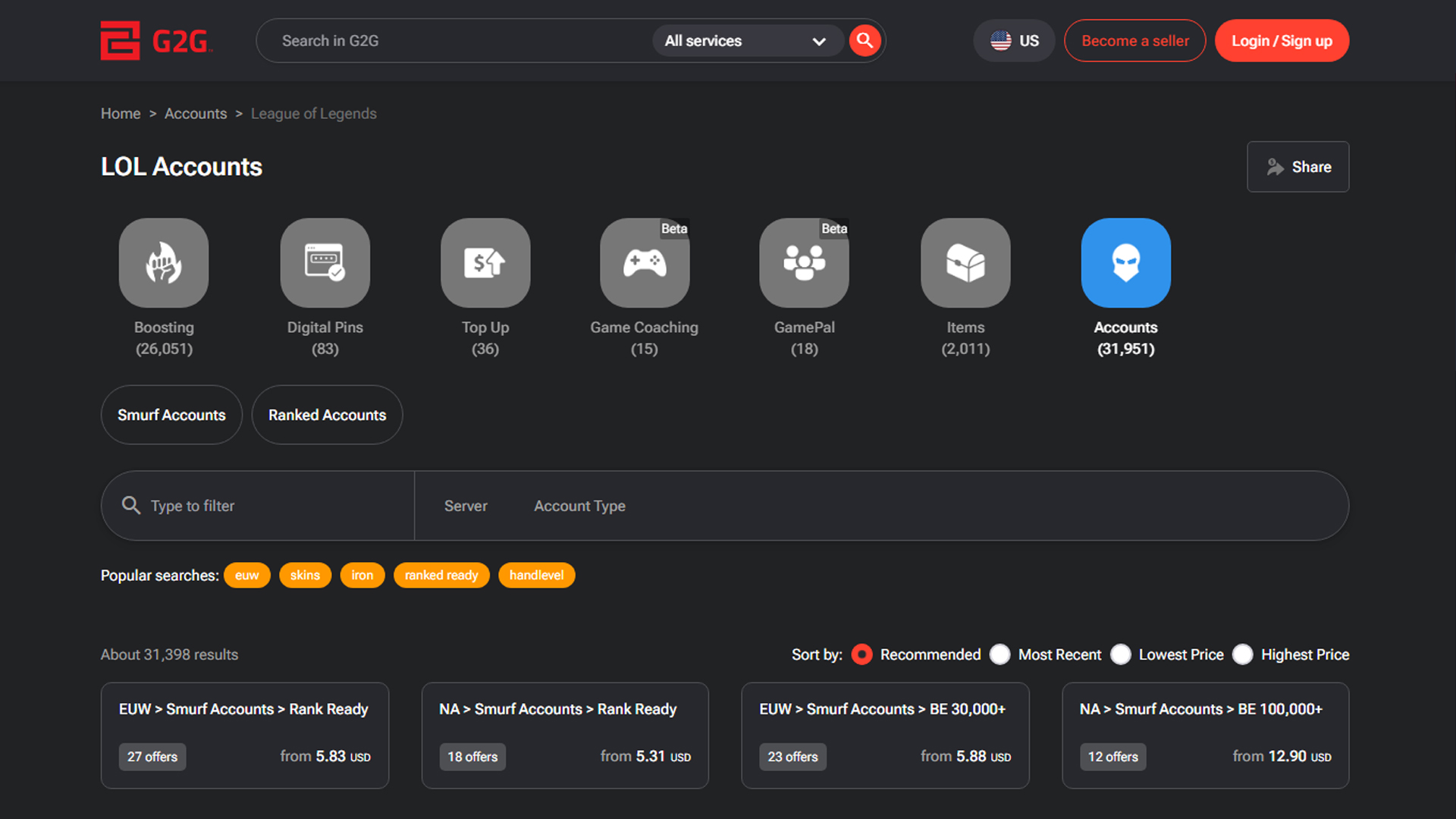 Best websites to buy LoL accounts - G2G