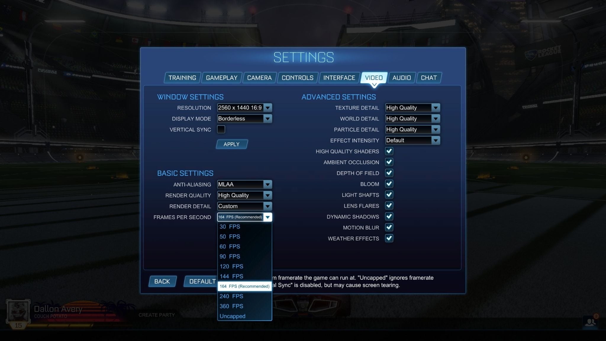Rocket League Video Settings