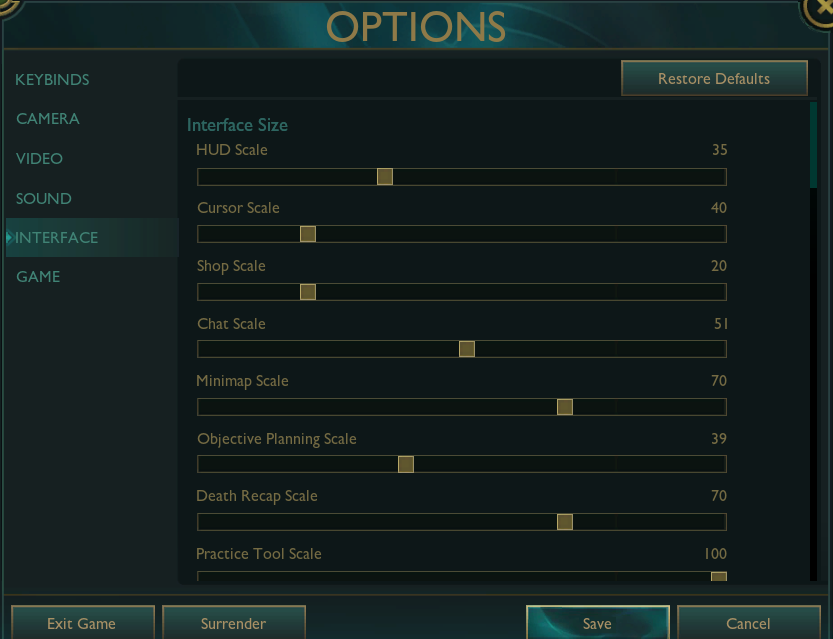 League of Legends Interface Settings Window