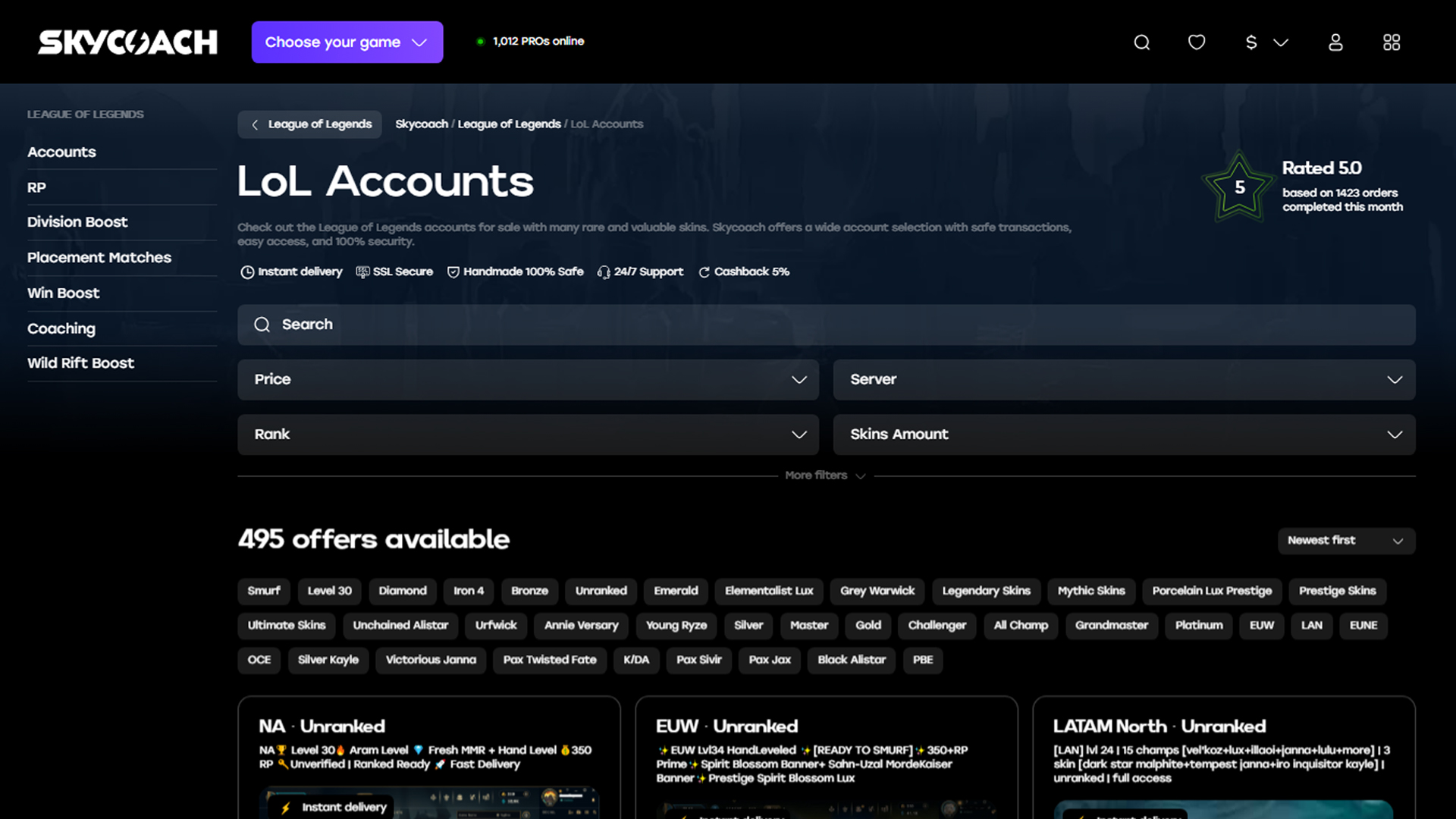 Best websites to buy LoL accounts - Skycoach